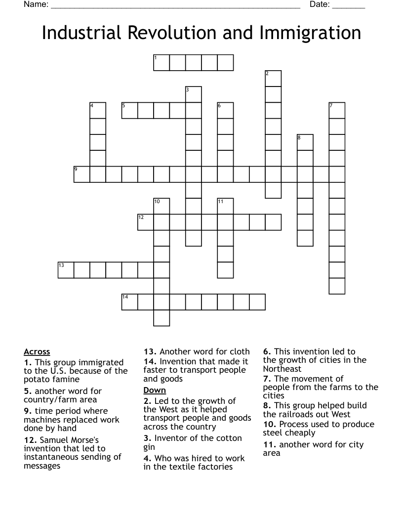 Industrial Revolution and Immigration Crossword