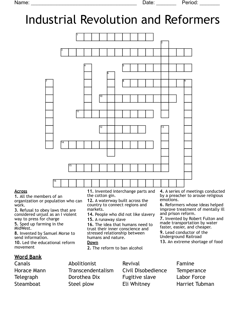 Industrial Revolution and Reformers Crossword