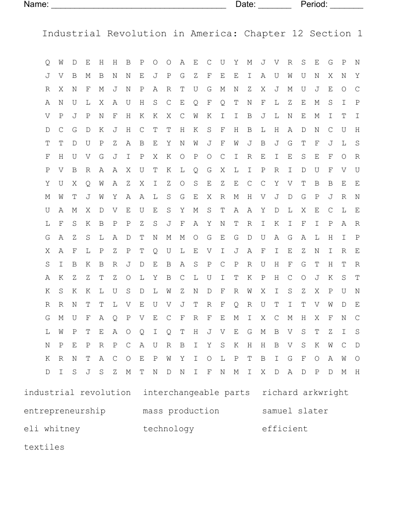Industrial Revolution in America: Chapter 12 Section 1 Word Search