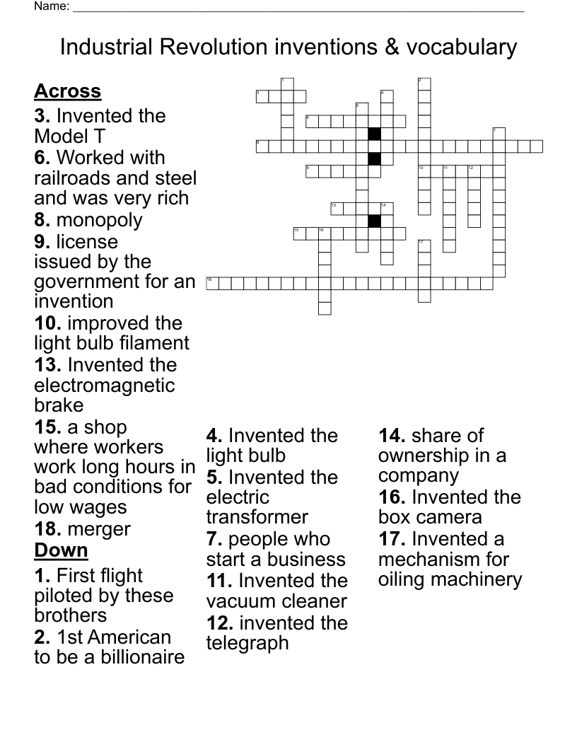 Industrial Revolution inventions & vocabulary Crossword