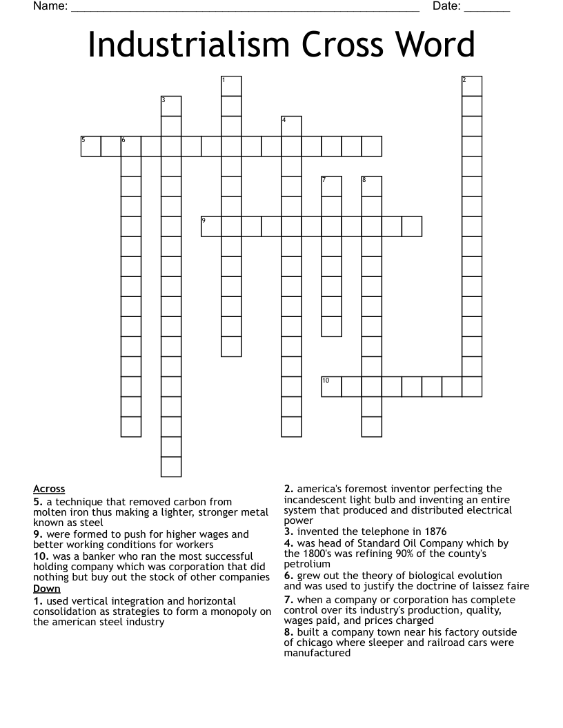 Industrialism Cross Word