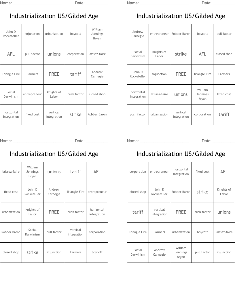 Industrialization US/Gilded Age Bingo Cards