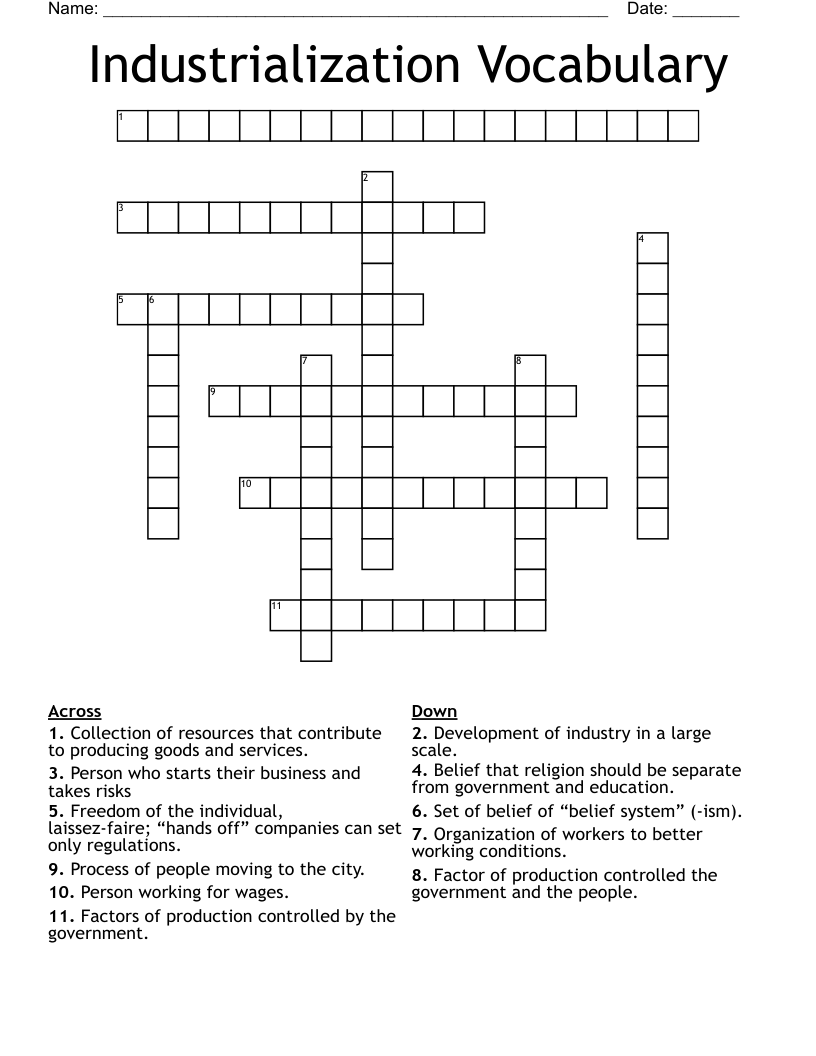 Industrialization Vocabulary Crossword