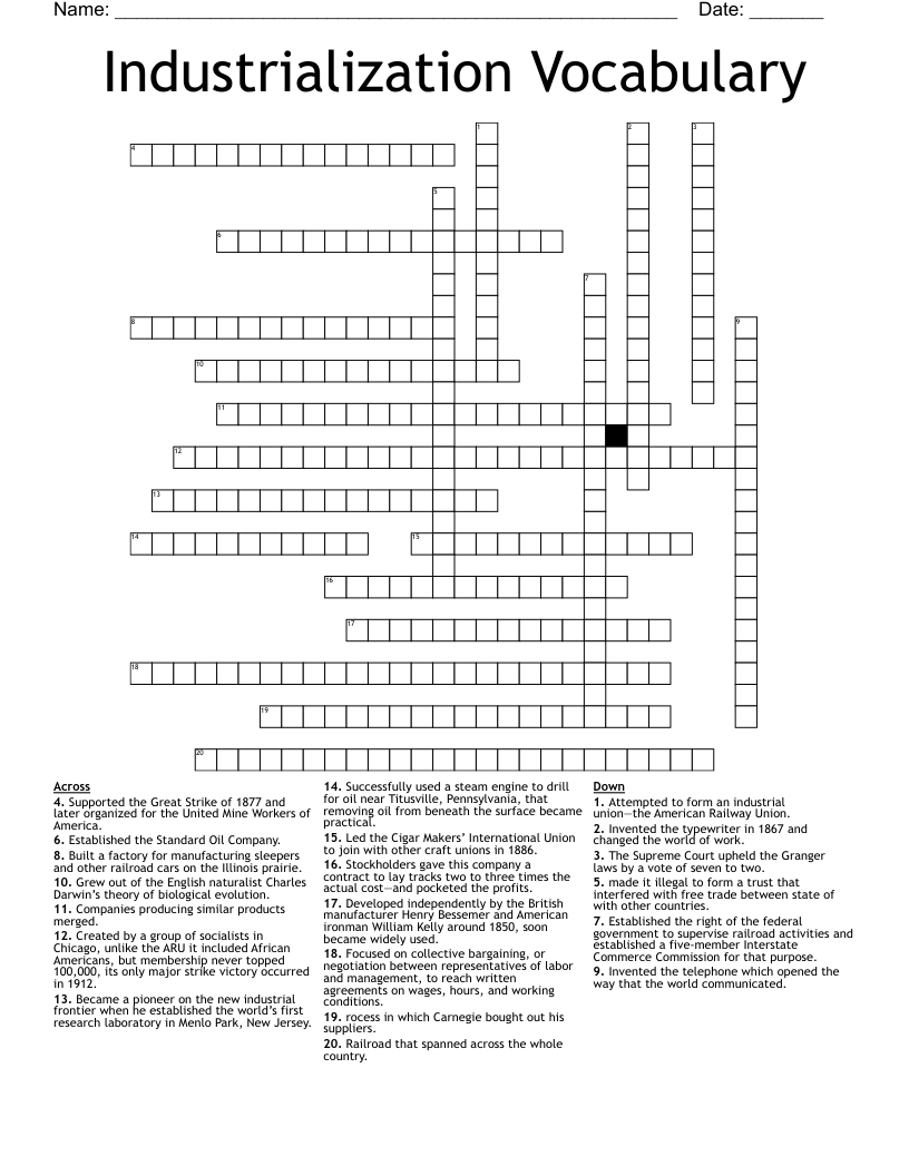 Industrialization Vocabulary  Crossword