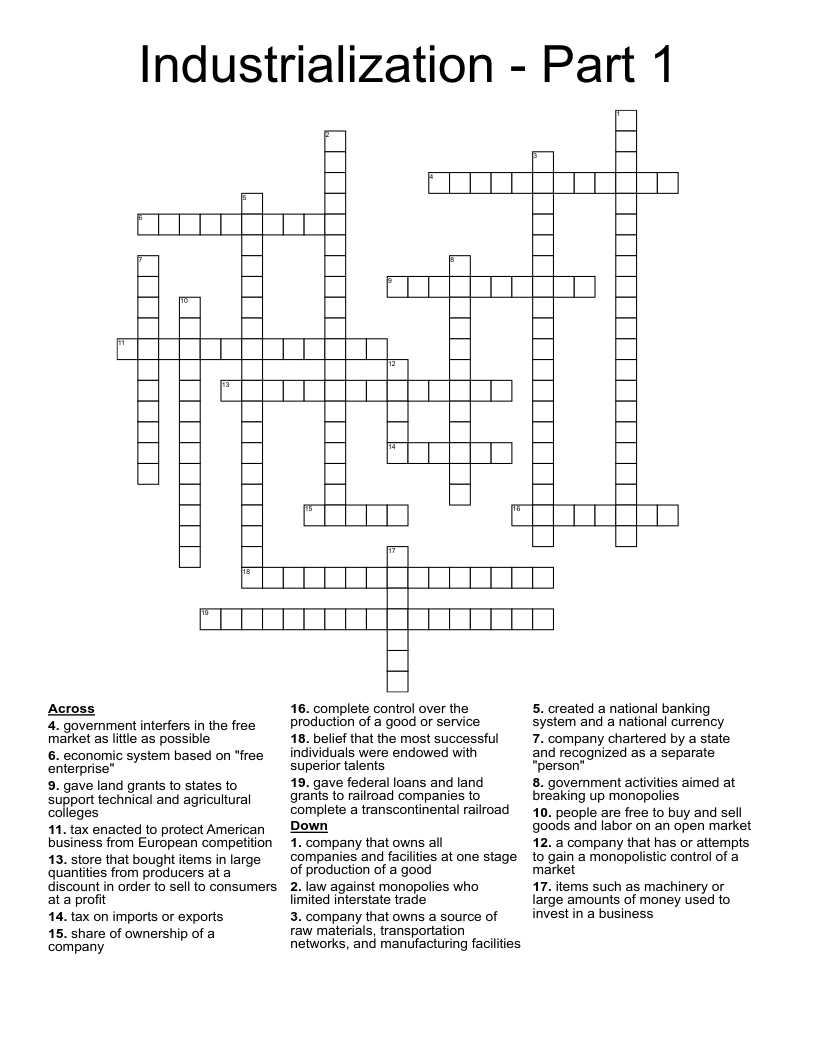 Industrialization - Part 1 Crossword