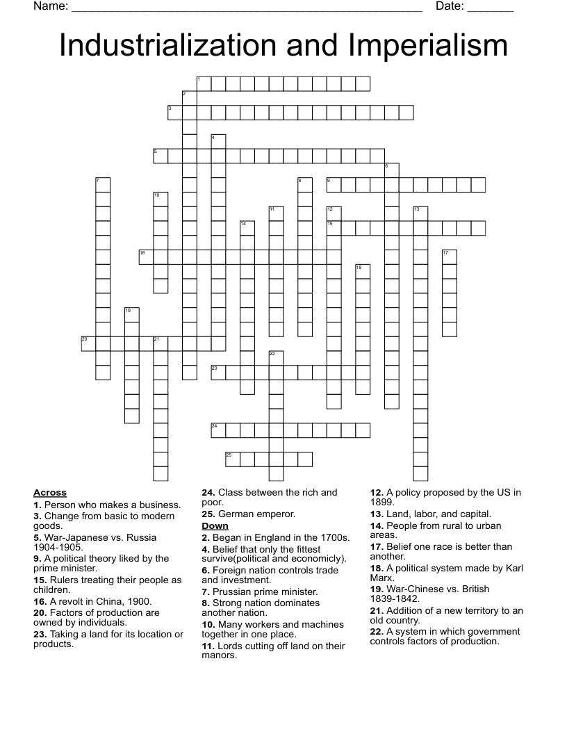 Industrialization and Imperialism Crossword