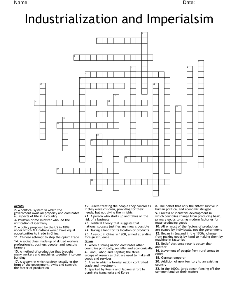 Industrialization and Imperialsim Crossword