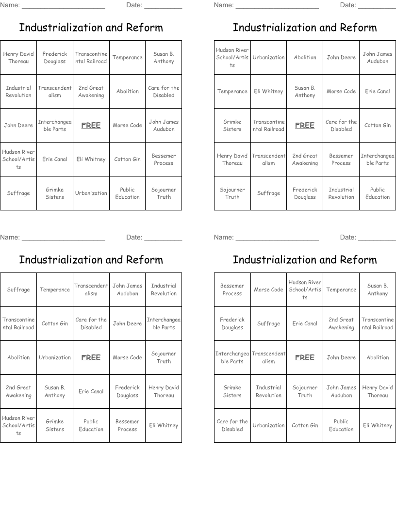 Industrialization and Reform Bingo Cards