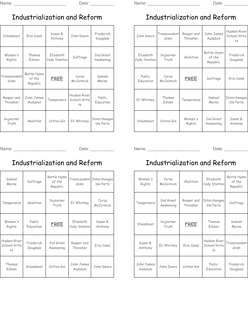 Industrialization and Reform Bingo Cards