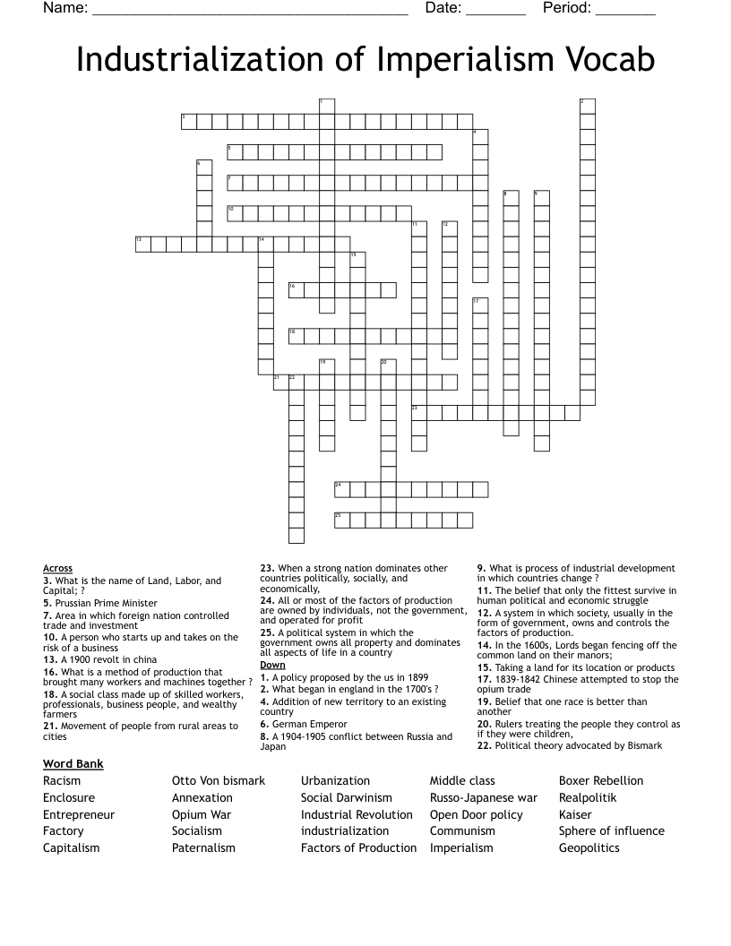 Industrialization of Imperialism Vocab Crossword
