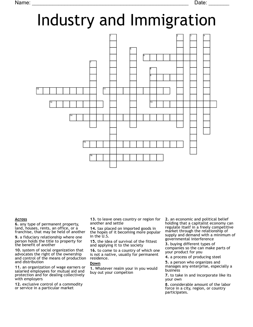 Industry and Immigration Crossword