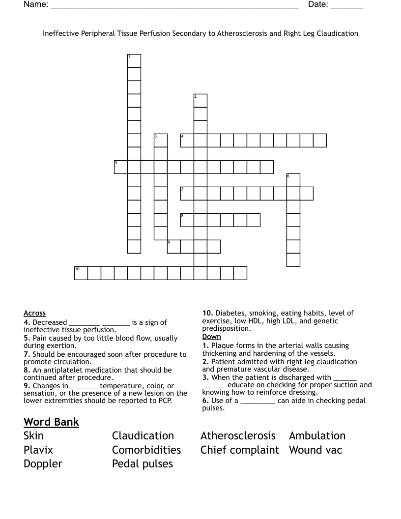 Ineffective Peripheral Tissue Perfusion Secondary to Atherosclerosis and Right Leg Claudication  Crossword