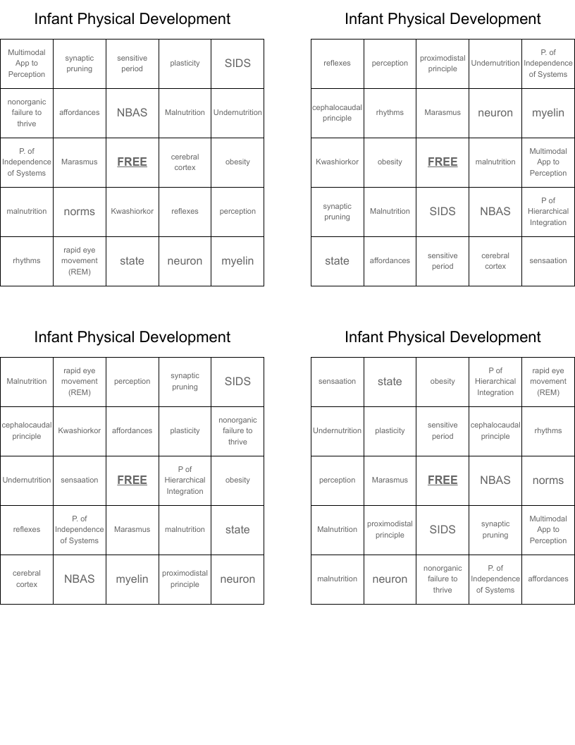 Infant Physical Development Bingo Cards