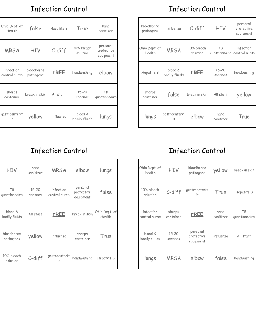 Infection Control Bingo Cards