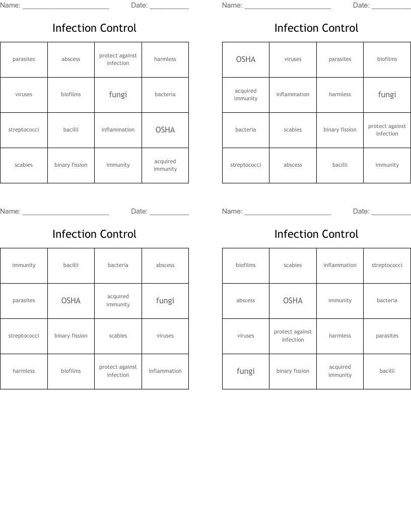 Infection Control Bingo Cards