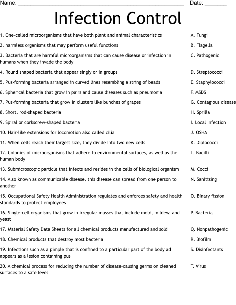 Infection Control Worksheet