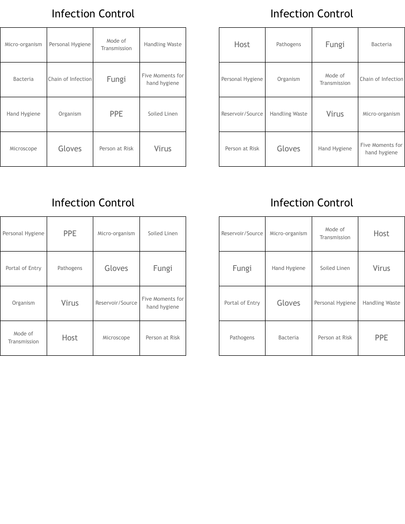Infection Control Bingo Cards