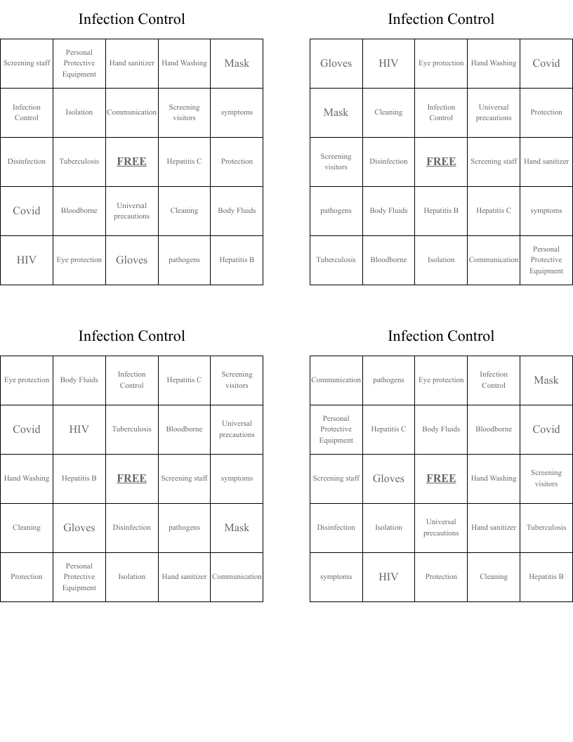 Infection Control Bingo Cards