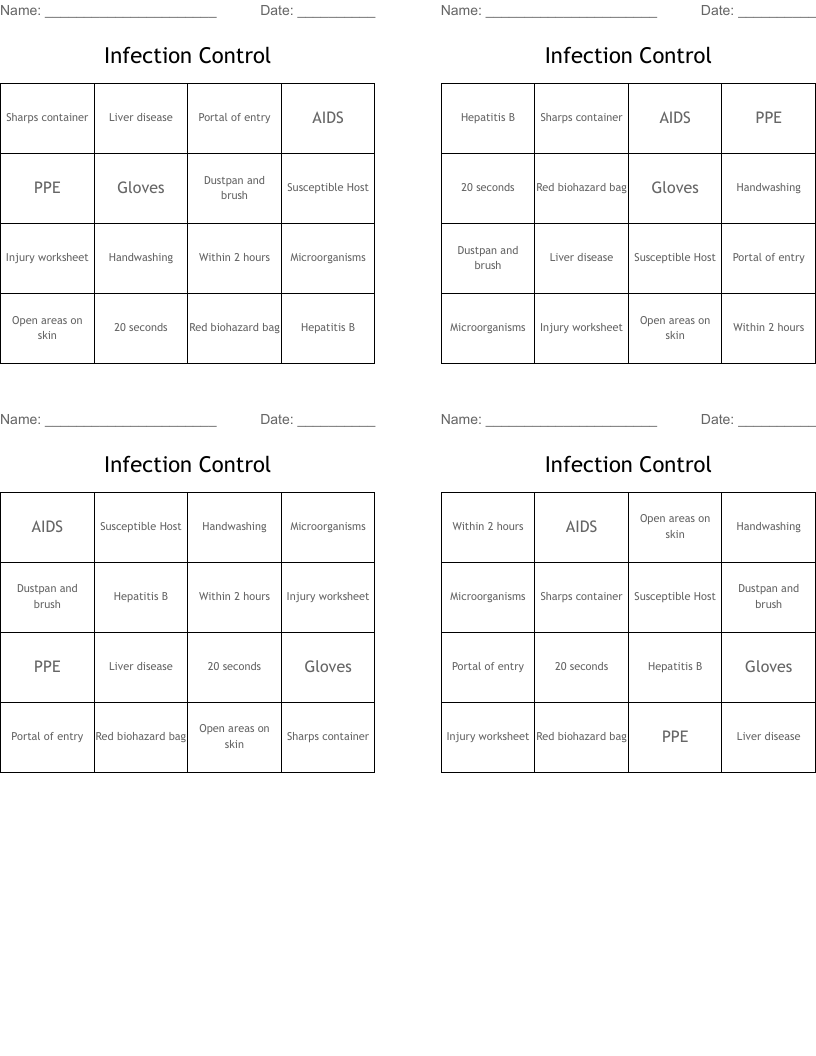 Infection Control Bingo Cards