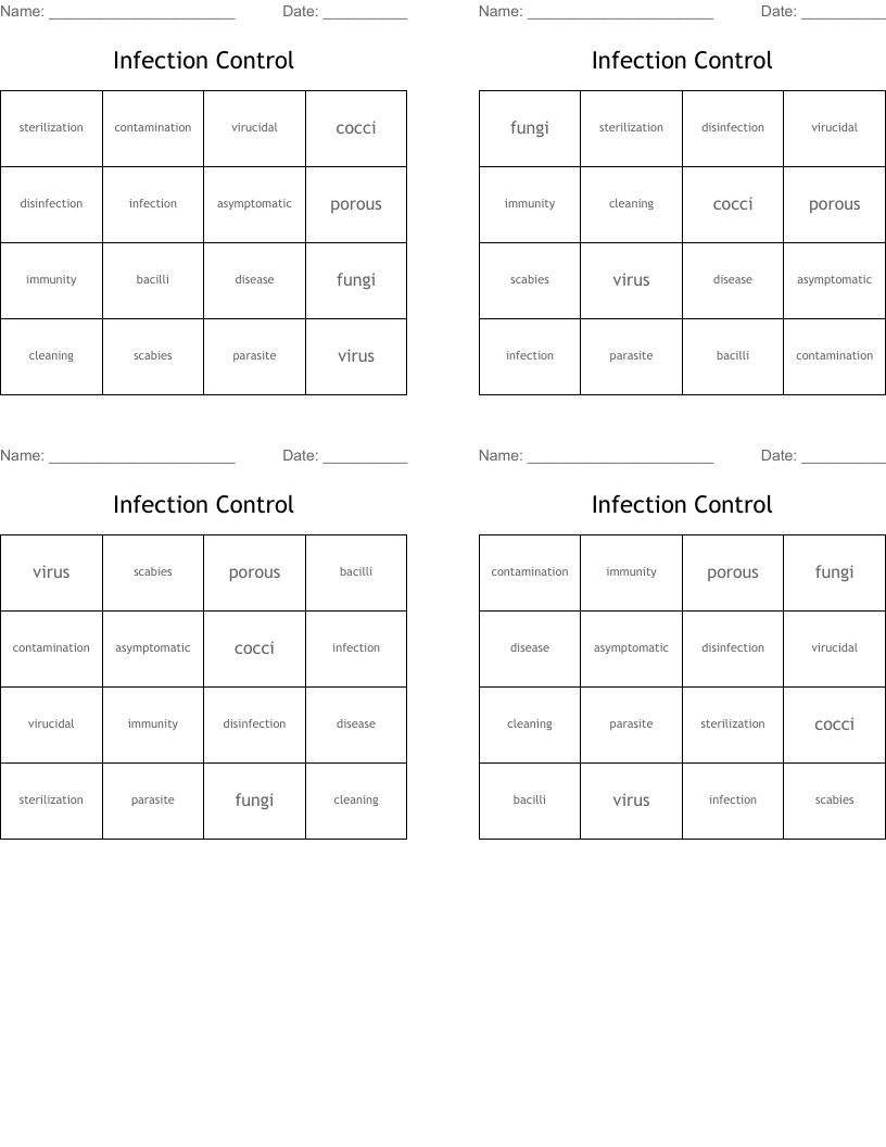 Infection Control Bingo Cards