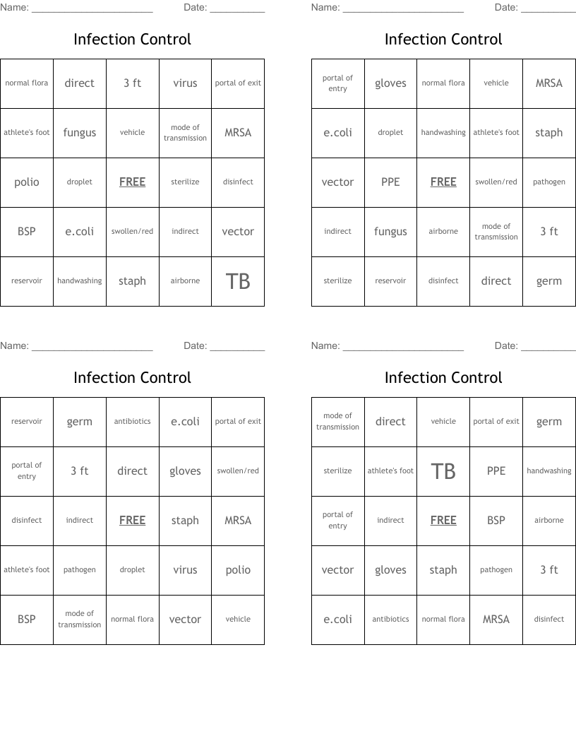 Infection Control Bingo Cards