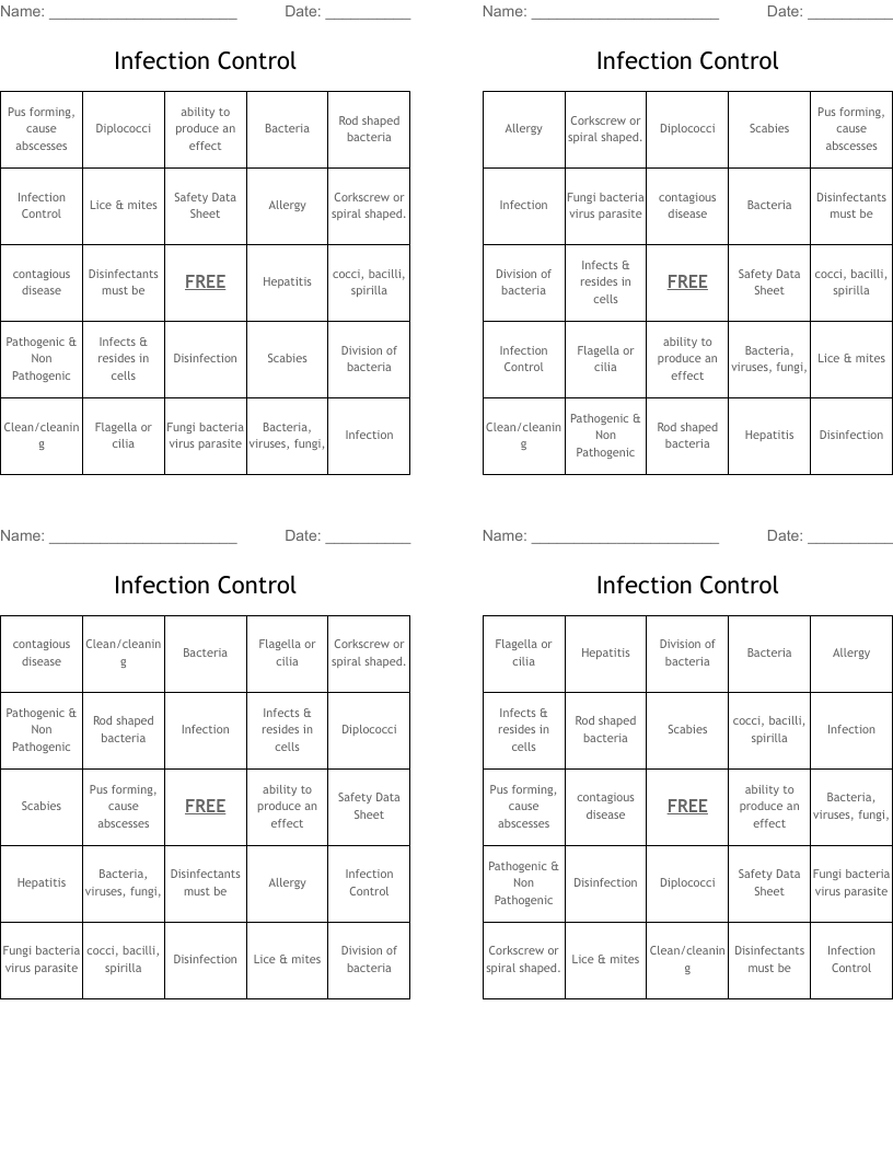 Infection Control Bingo Cards