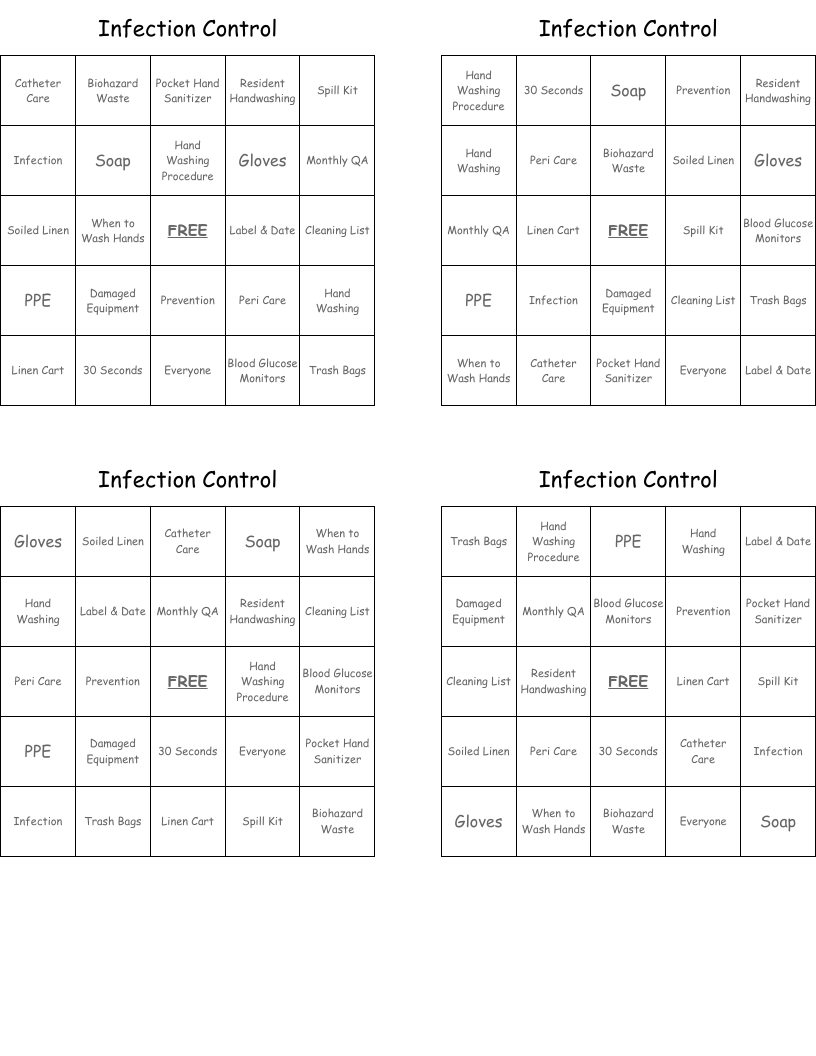 Infection Control Bingo Cards