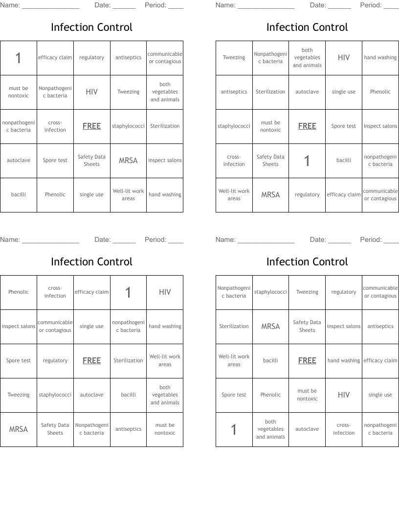 Infection Control Bingo Cards
