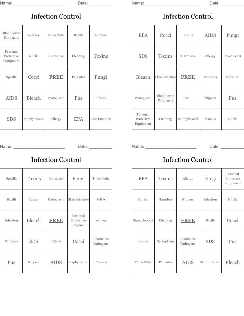 Infection Control Bingo Cards