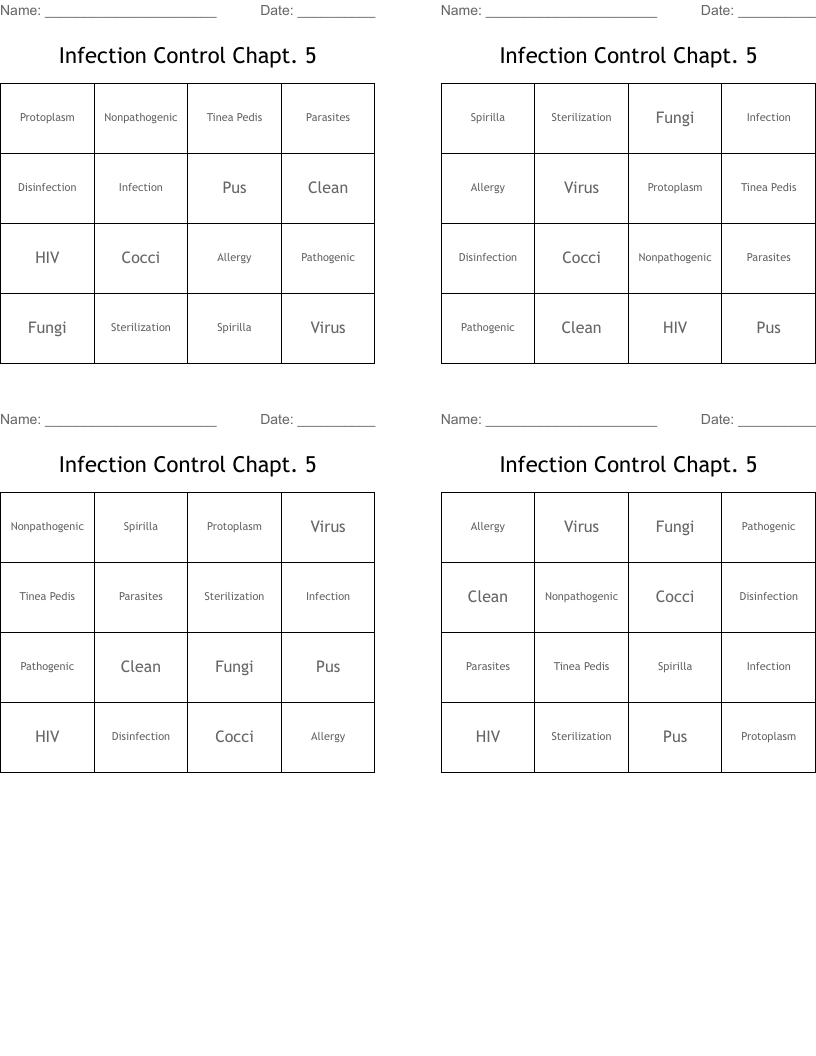 Infection Control Chapt. 5 Bingo Cards