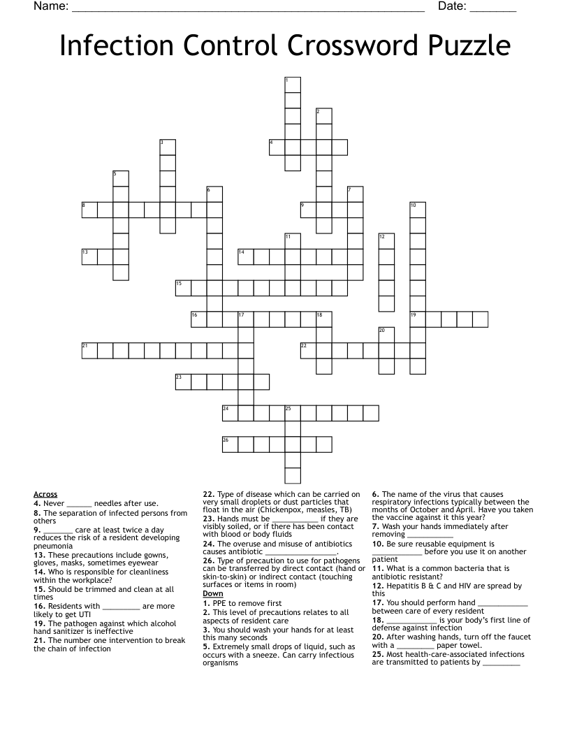 Infection Control Crossword Puzzle