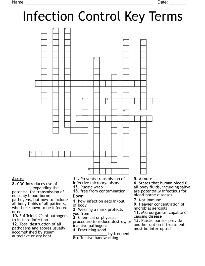 Infection Control Key Terms Crossword