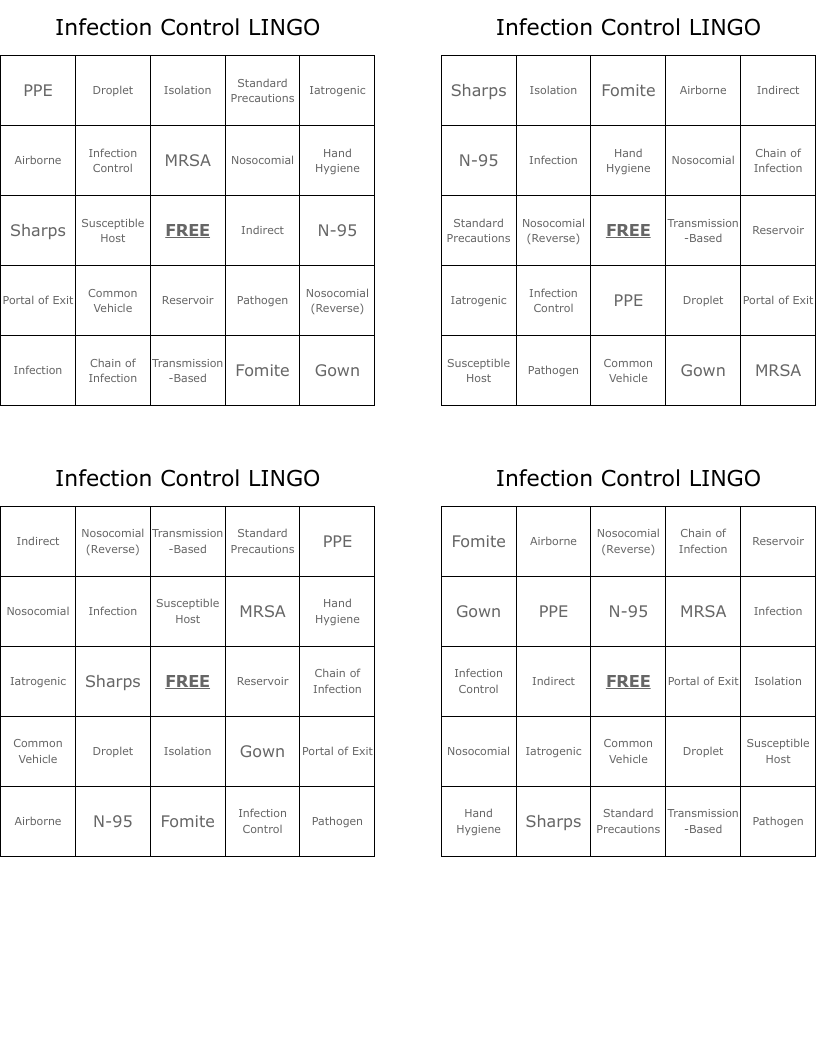 Infection Control LINGO Bingo Cards