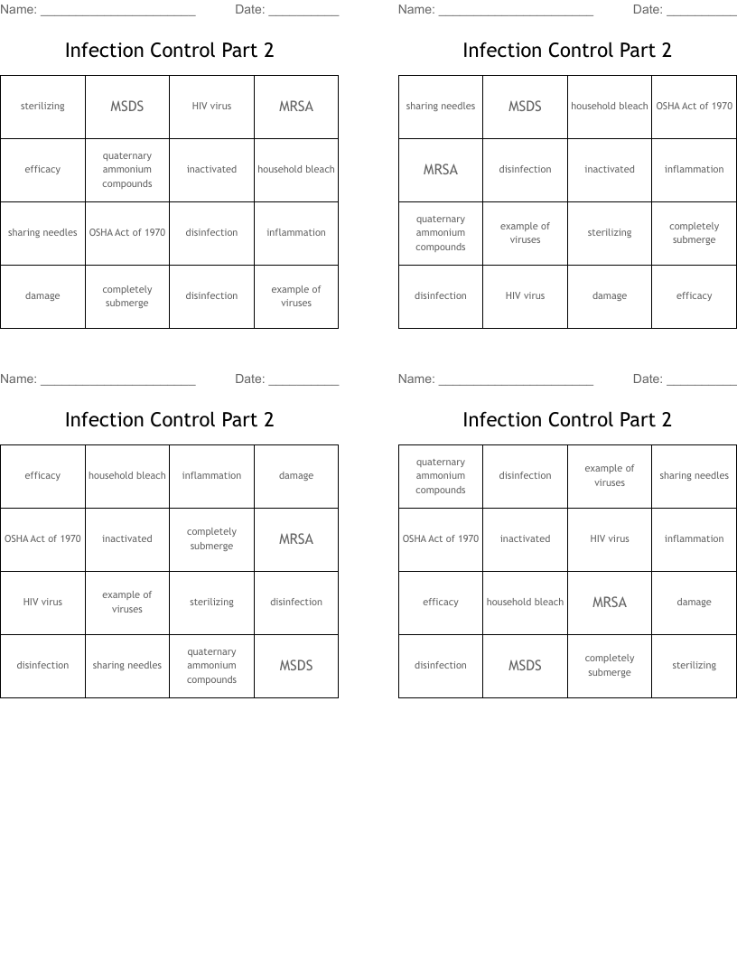 Infection Control Part 2 Bingo Cards