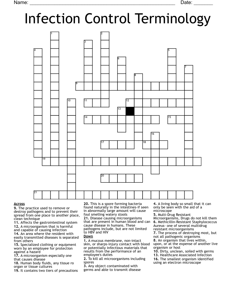 Infection Control Terminology Crossword
