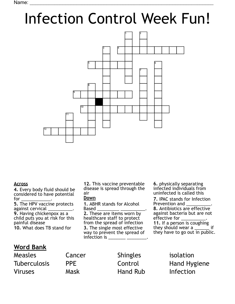 Infection Control Week Fun! Crossword