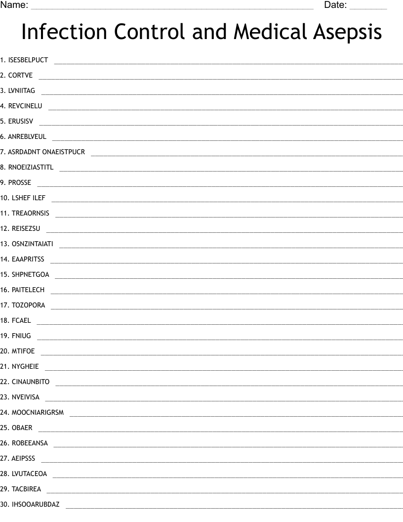 Infection Control and Medical Asepsis Word Scramble