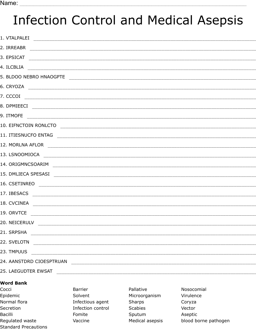 Infection Control and Medical Asepsis Word Scramble