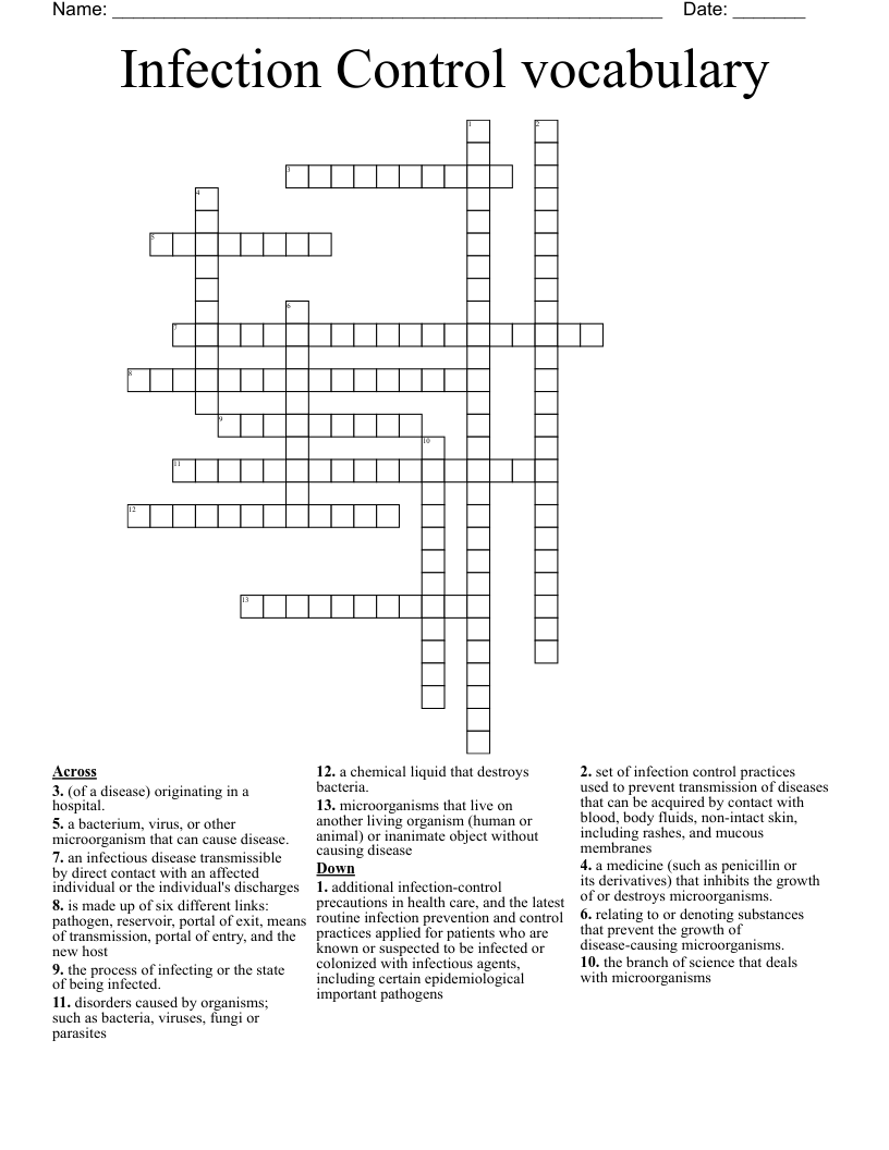 Infection Control vocabulary Crossword