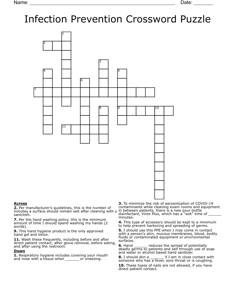 Infection Prevention Crossword Puzzle
