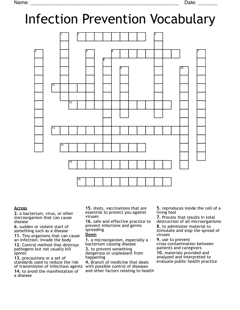Infection Prevention Vocabulary Crossword