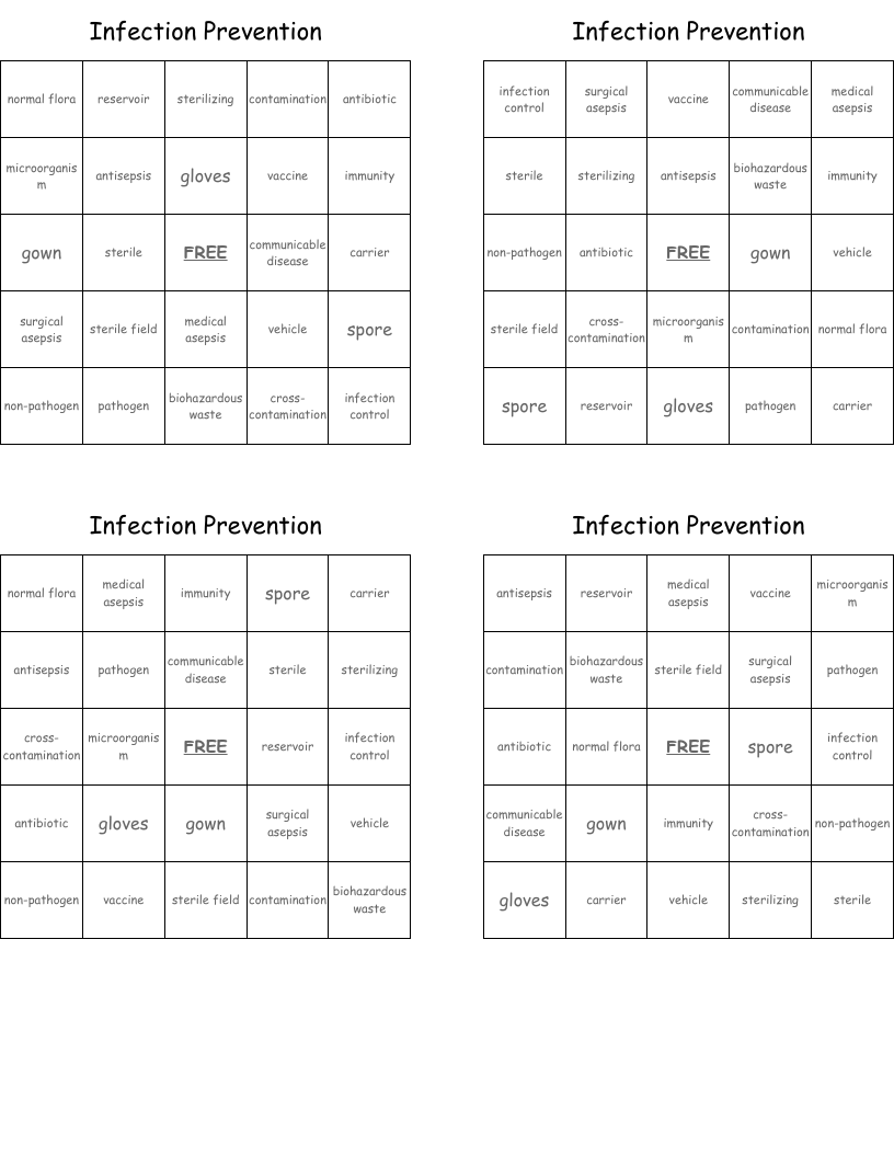 Infection Prevention  Bingo Cards