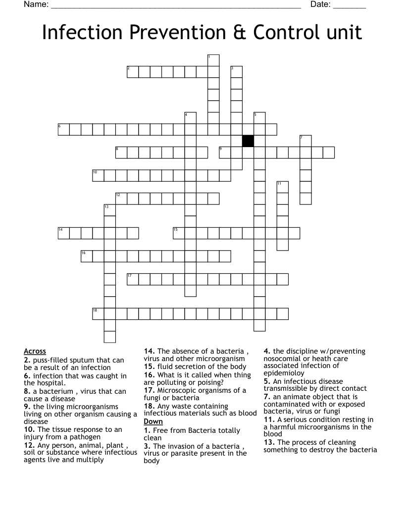 Infection Prevention & Control unit Crossword