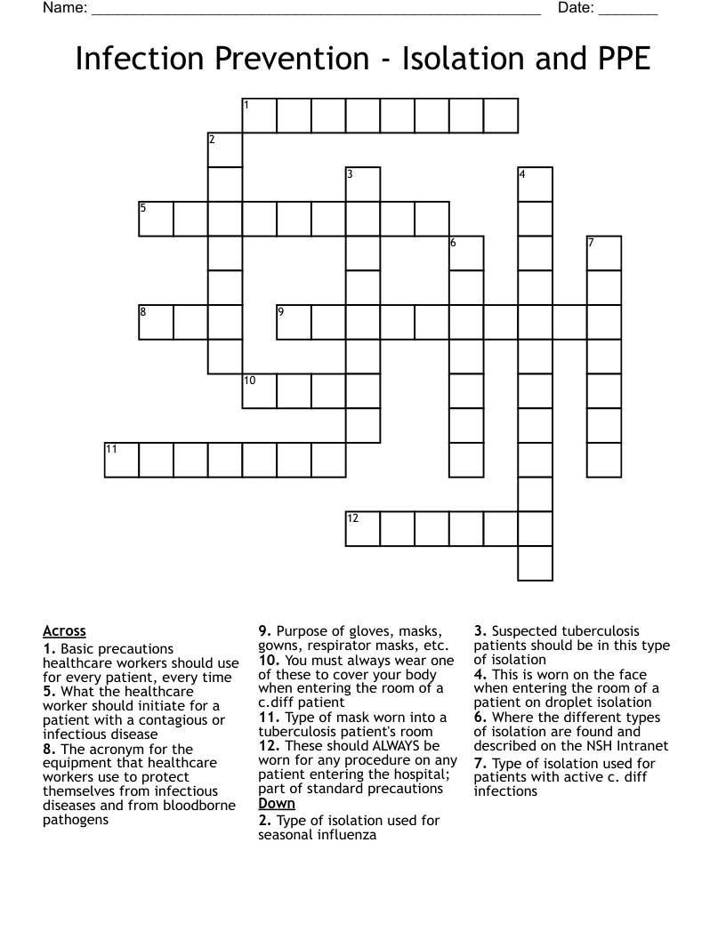 Infection Prevention - Isolation and PPE Crossword