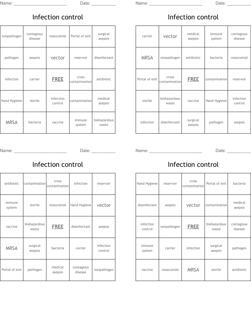 Infection control Bingo Cards
