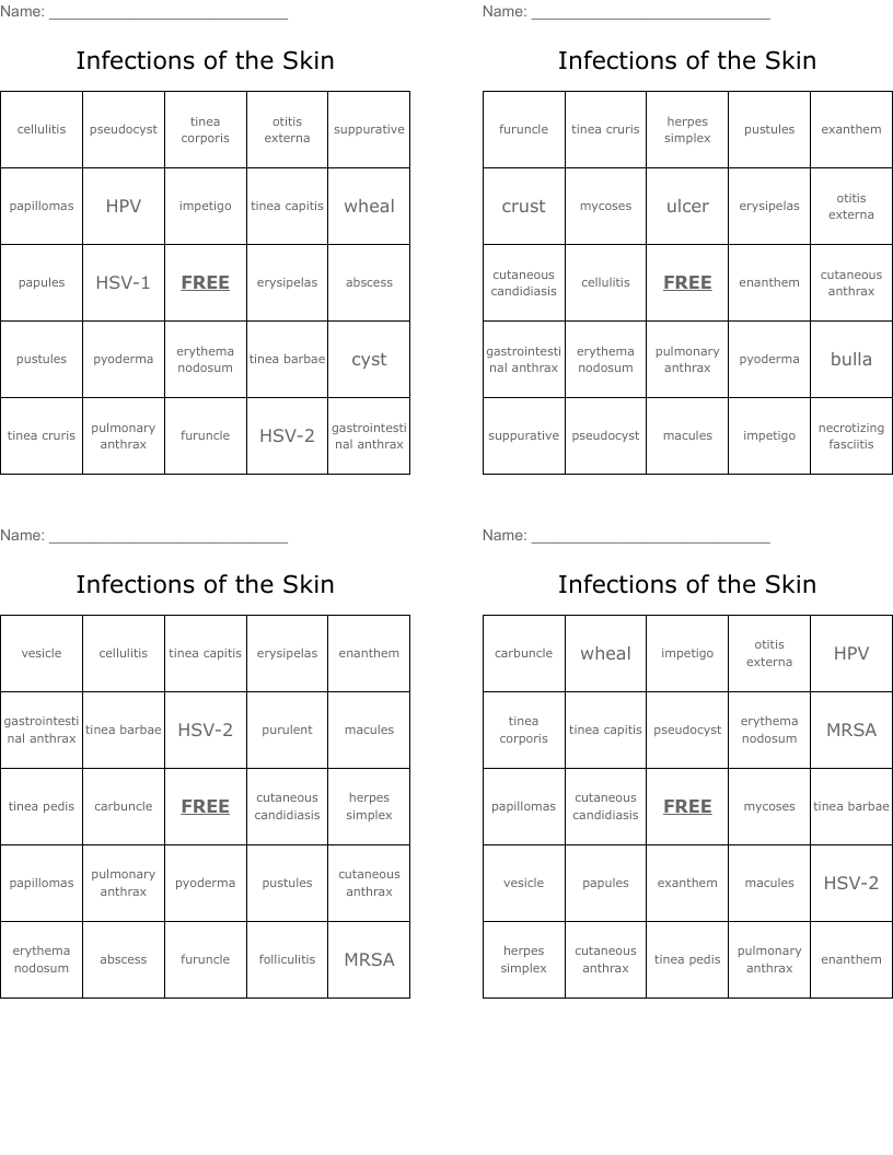 Infections of the Skin Bingo Cards