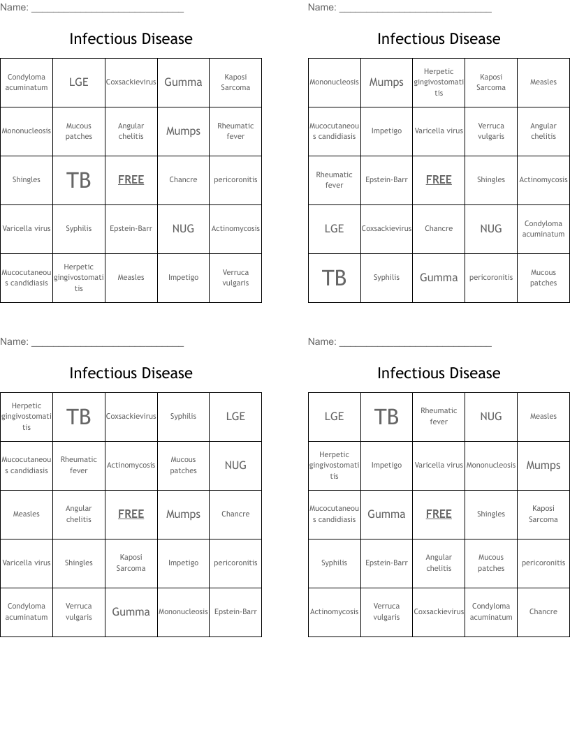 Infectious Disease Bingo Cards