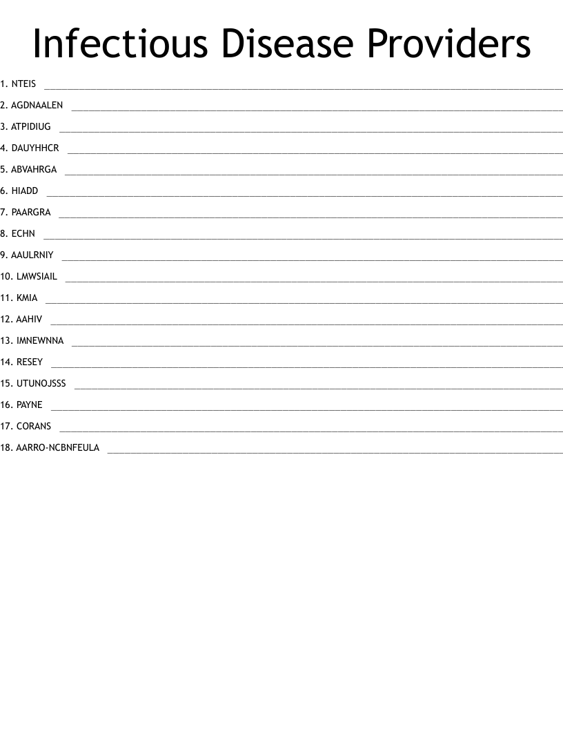 Infectious Disease Providers Word Scramble