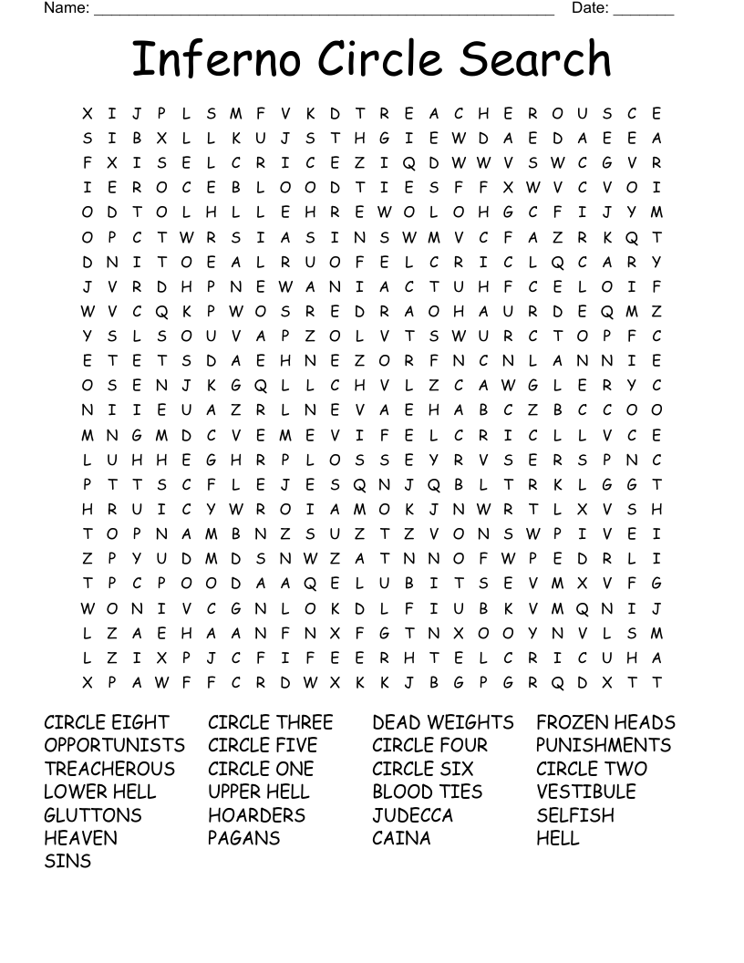 Inferno Circle Search Word Search