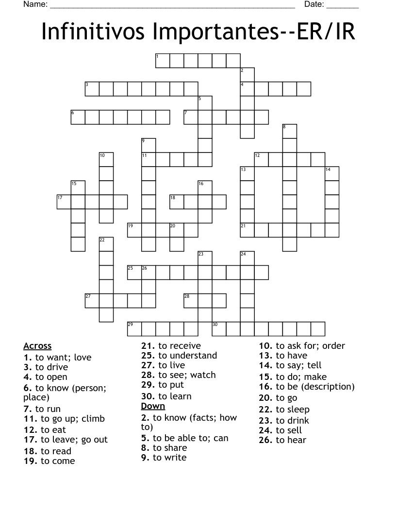 Infinitivos Importantes--ER/IR Crossword